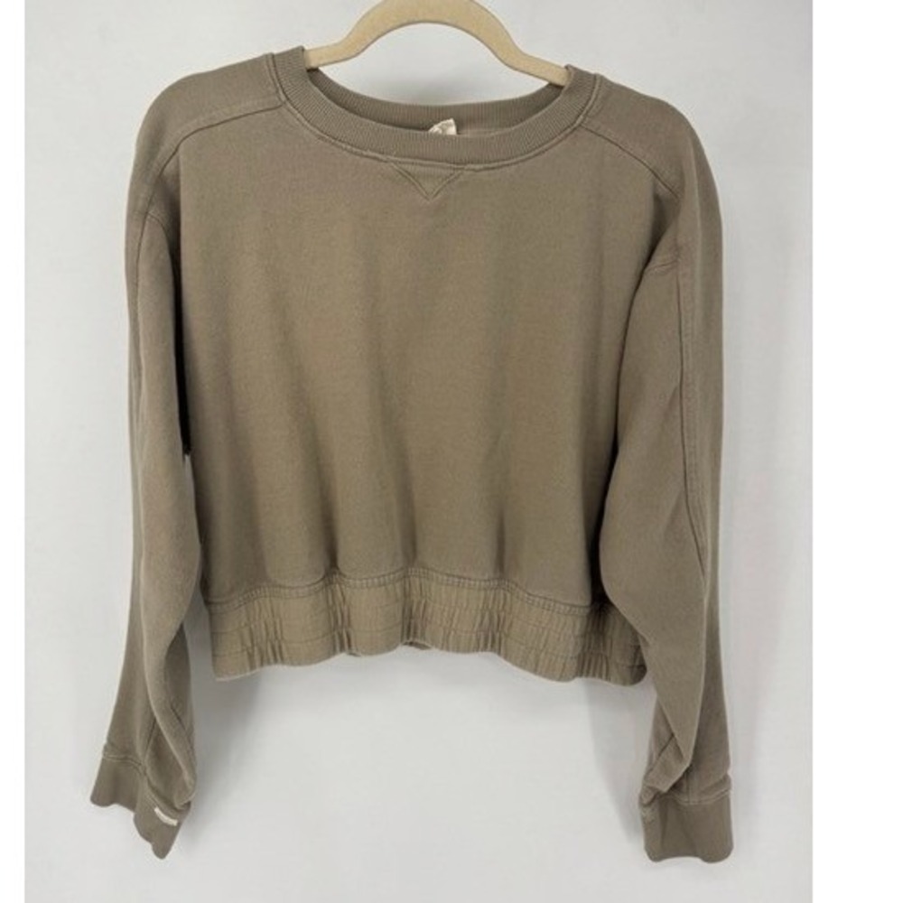 Easy Standard Women Taupe Brown Cropped Cotton Crew Sweatshirt LARGE Minimalist